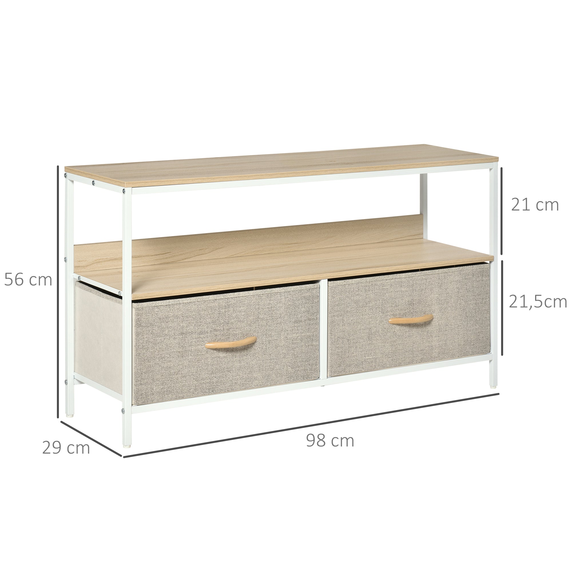 Low TV Stand on Legs TV Support for TVs up to 47 inches Industrial Style 2 Fabric Drawers Light Gray Natural Wood and White Metal