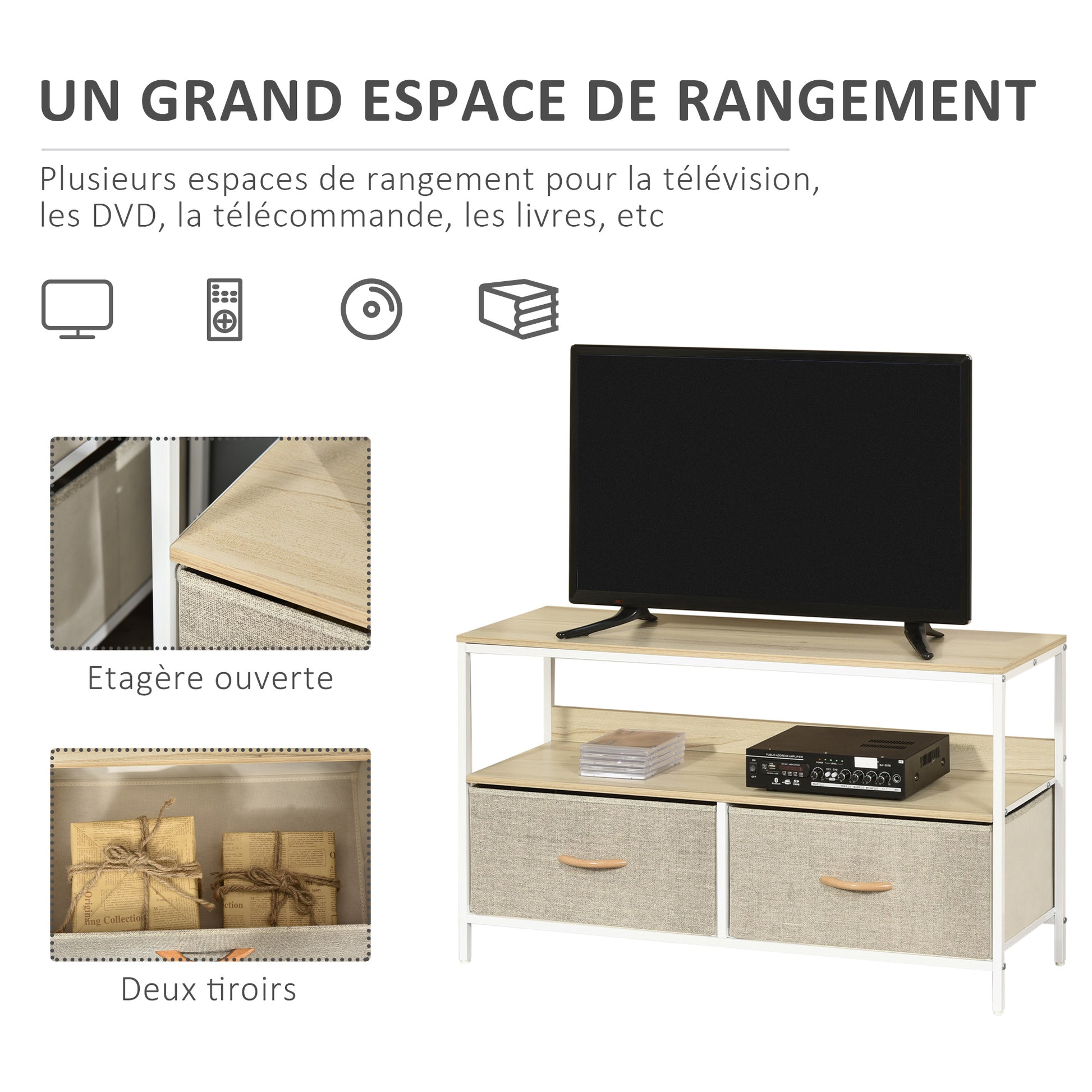Low TV Stand on Legs TV Support for TVs up to 47 inches Industrial Style 2 Fabric Drawers Light Gray Natural Wood and White Metal