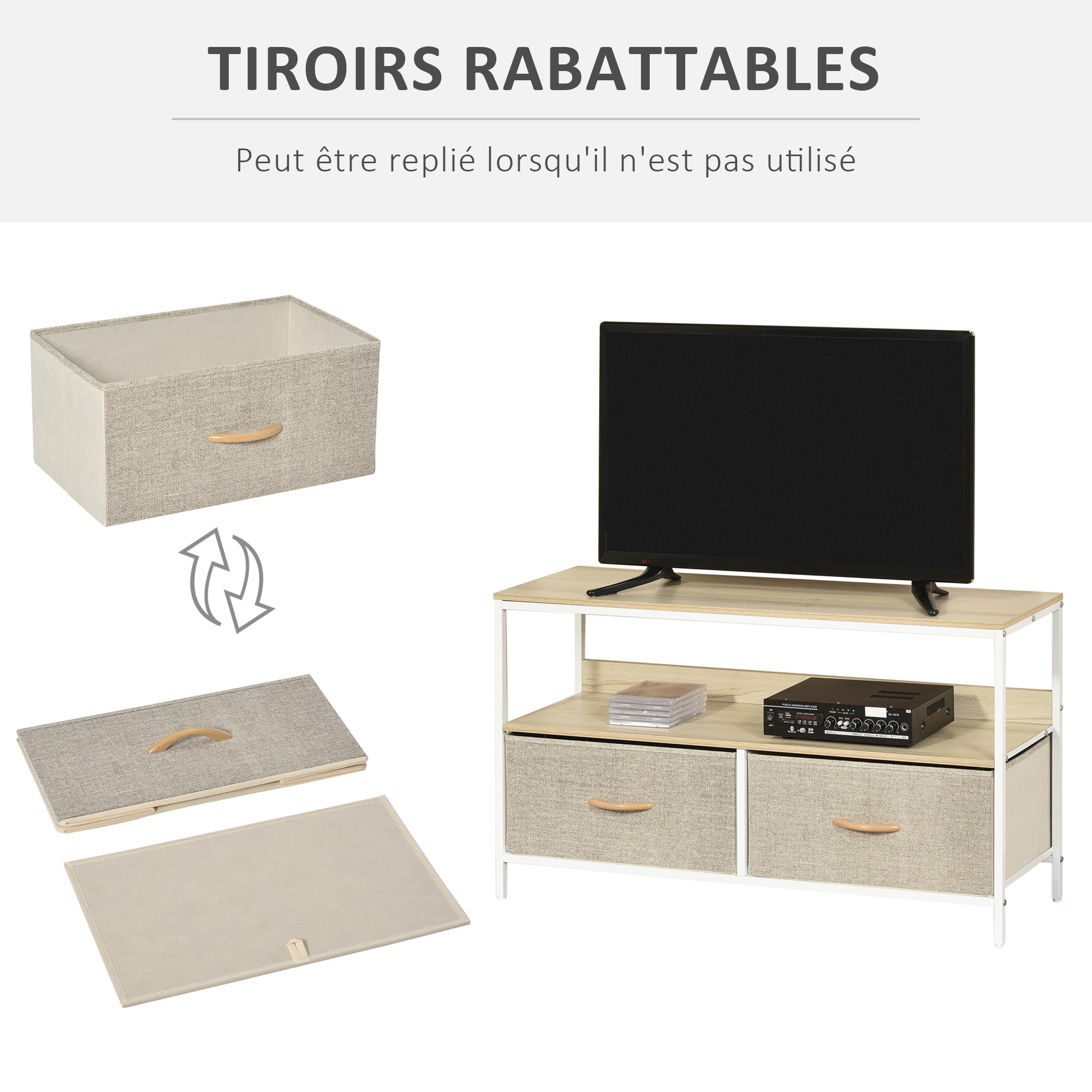 Low TV Stand on Legs TV Support for TVs up to 47 inches Industrial Style 2 Fabric Drawers Light Gray Natural Wood and White Metal
