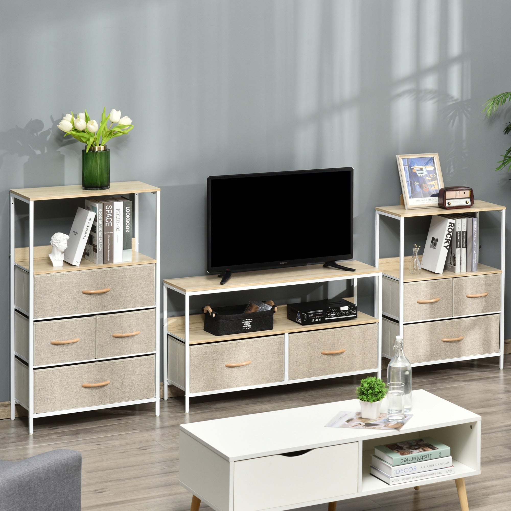 Low TV Stand on Legs TV Support for TVs up to 47 inches Industrial Style 2 Fabric Drawers Light Gray Natural Wood and White Metal