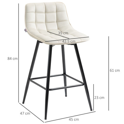 Set of 2 High Stools in Nordic Style with Backrest and Footrest, Stools with Velvet Effect Fabric and Metal Backrest, 45x47x84 cm, Cream