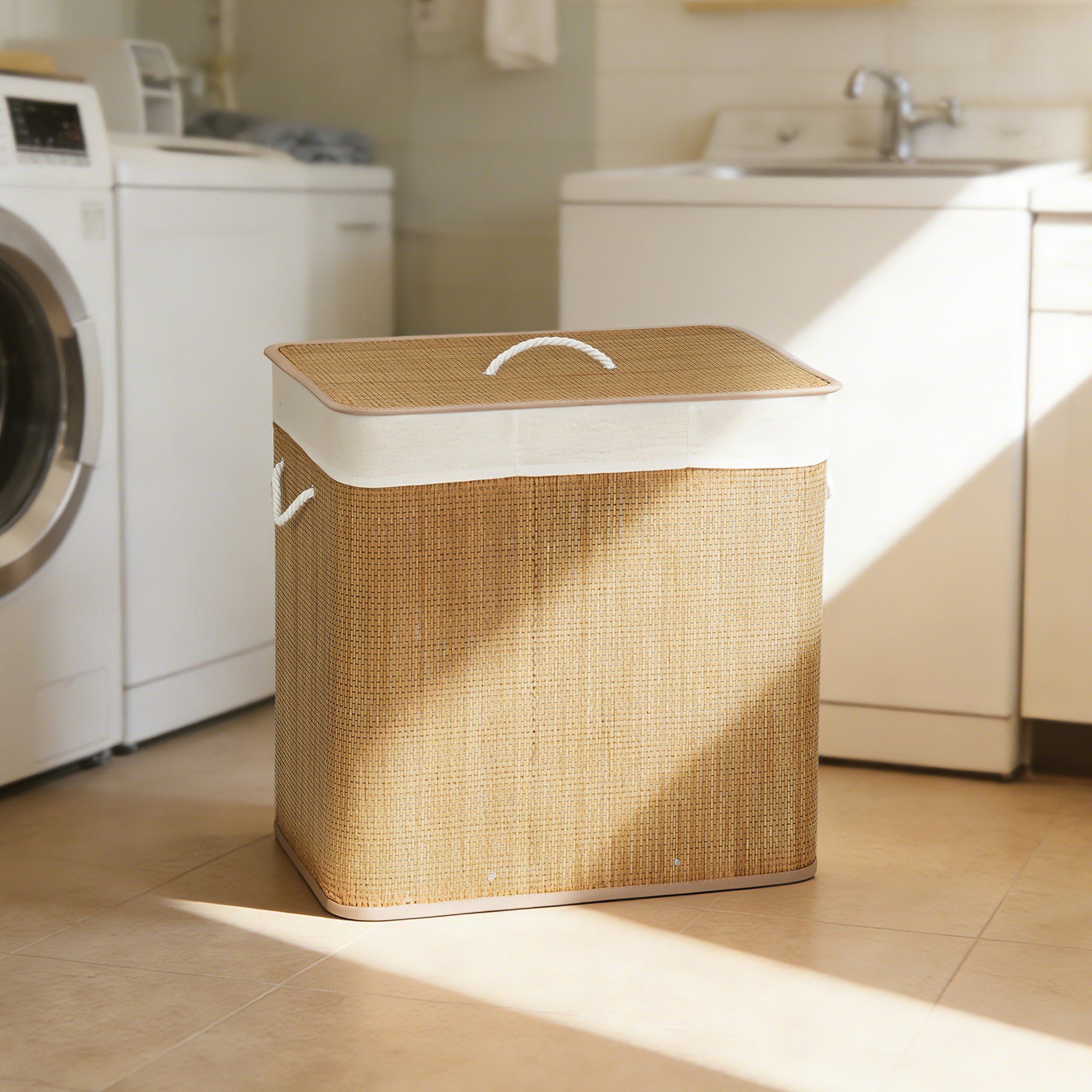Bamboo Laundry Hamper with Lid, 144L, 3-Compartment Laundry Basket with Removable Washable Liners and Handles, for Laundry Room or Bedroom, 60 x 40 x 60 cm, Brown