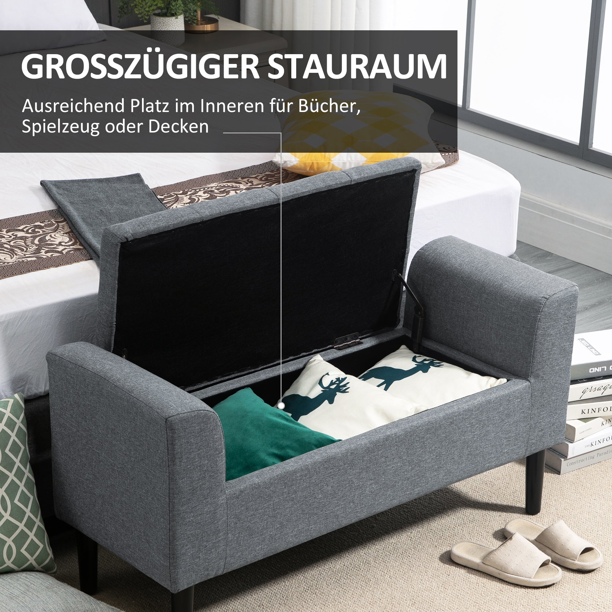 Storage Bench, Upholstered Bench with Linen Look, Wooden Legs, Bed Bench Loadable up to 130 kg, for Living Room Bedroom Hallway, 116 x 44 x 58 cm Light Gray
