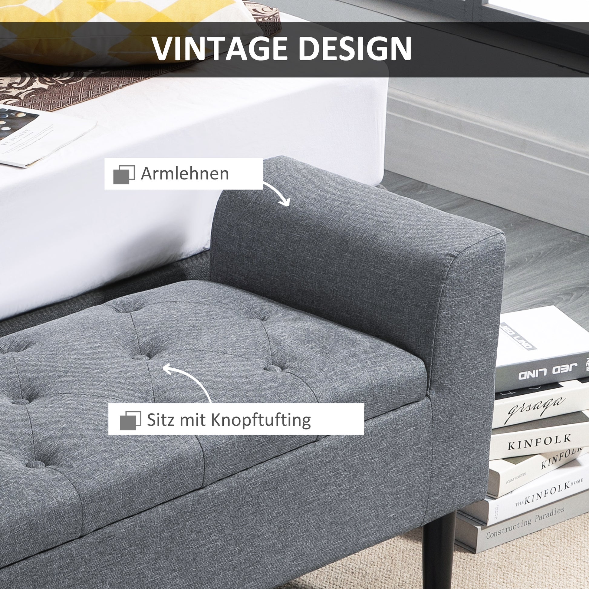Storage Bench, Upholstered Bench with Linen Look, Wooden Legs, Bed Bench Loadable up to 130 kg, for Living Room Bedroom Hallway, 116 x 44 x 58 cm Light Gray