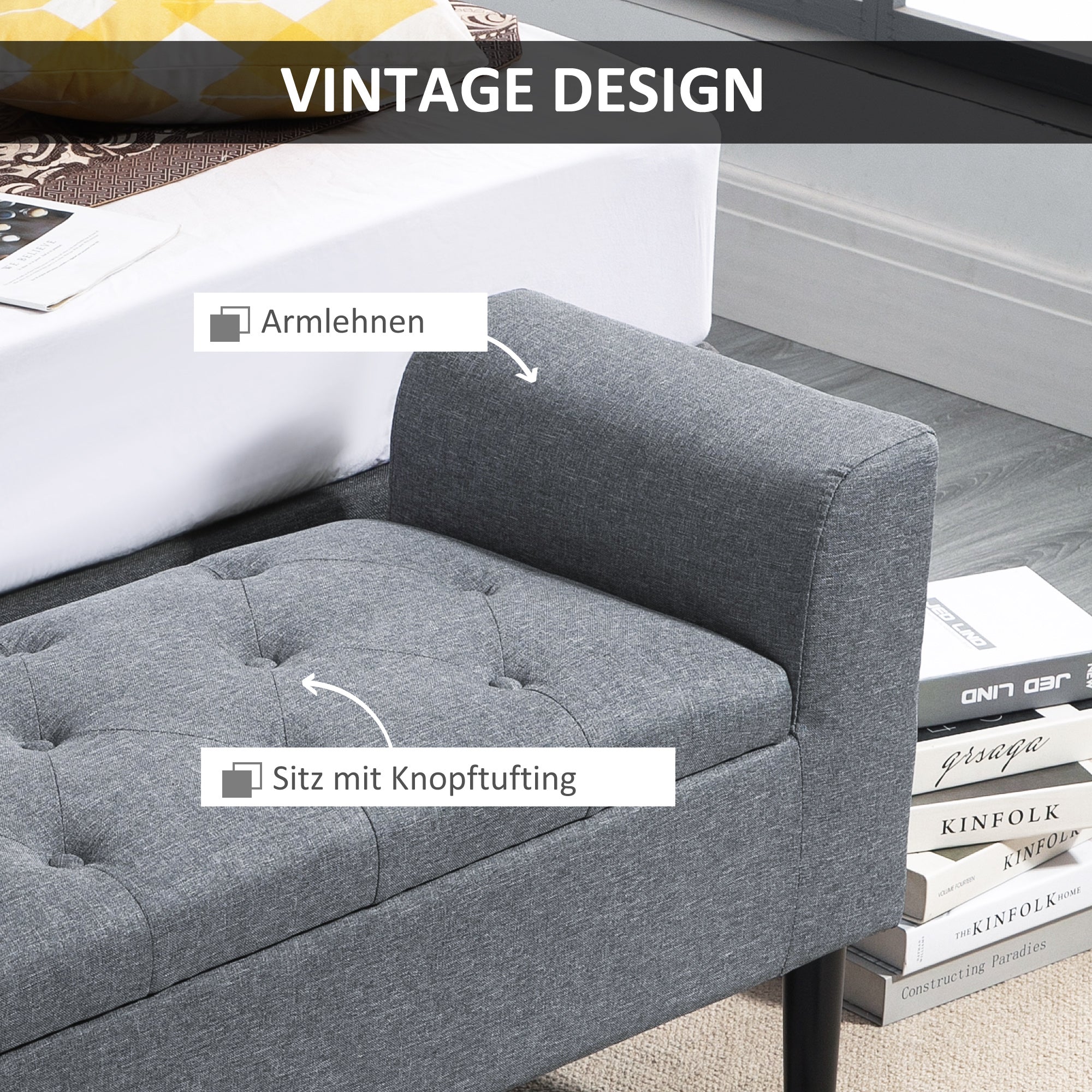 Storage Bench, Upholstered Bench with Linen Look, Wooden Legs, Bed Bench Loadable up to 130 kg, for Living Room Bedroom Hallway, 116 x 44 x 58 cm Light Gray