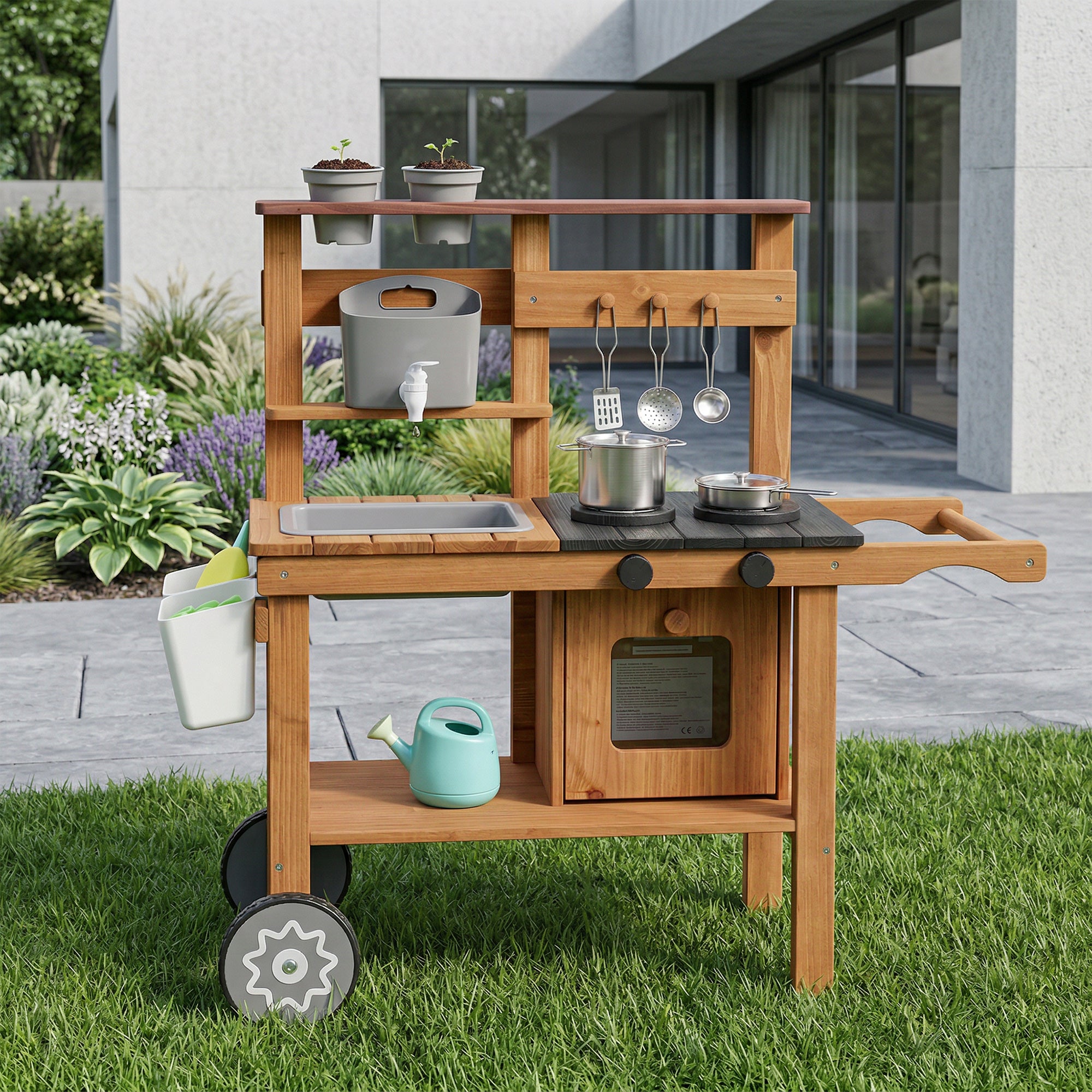 Kids Outdoor Mud Kitchen — Wooden Play Kitchen with Faucet, Sink, Planter, Wheels, Storage & Stainless-Steel Accessories for Ages 3–6, Brown