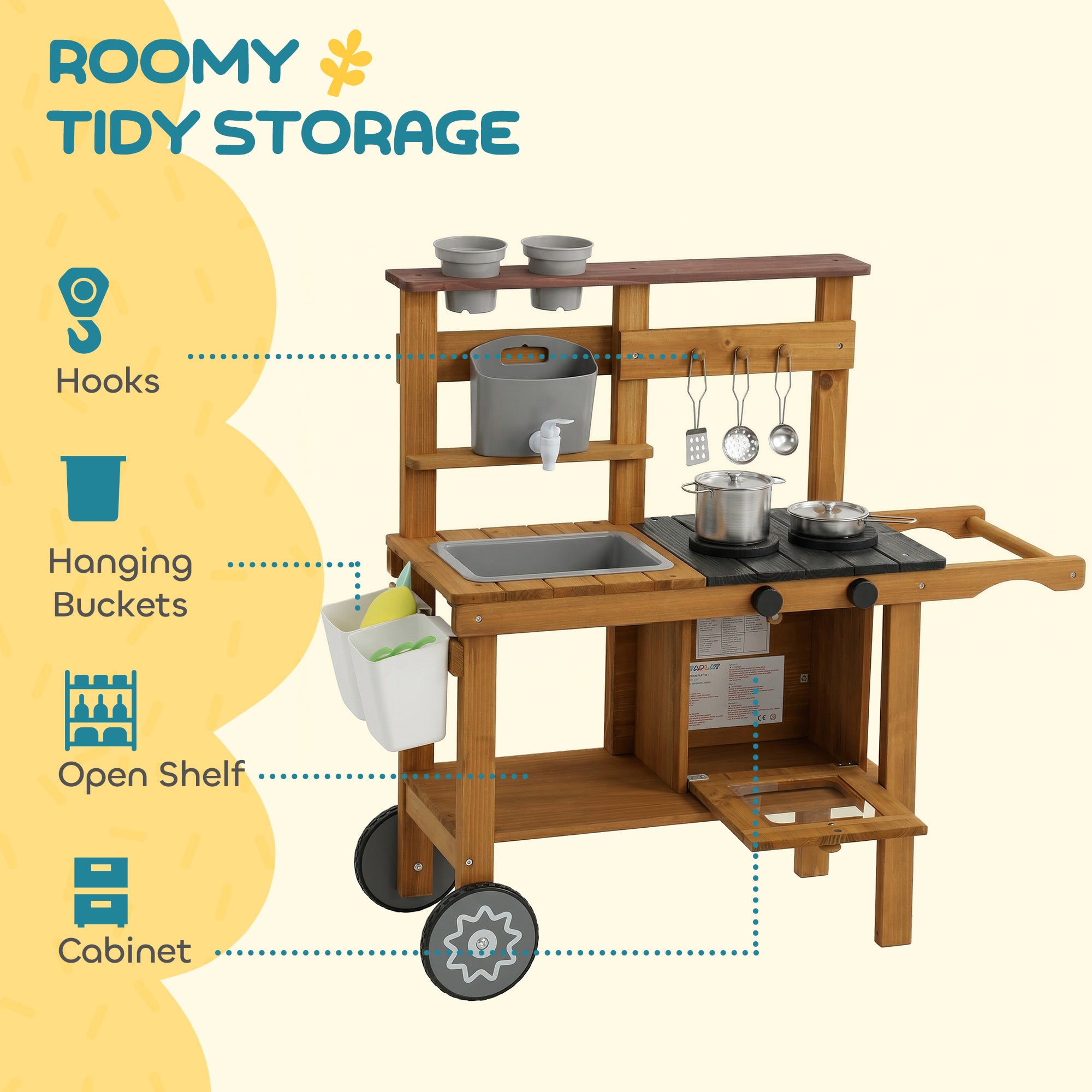 Kids Outdoor Mud Kitchen — Wooden Play Kitchen with Faucet, Sink, Planter, Wheels, Storage & Stainless-Steel Accessories for Ages 3–6, Brown