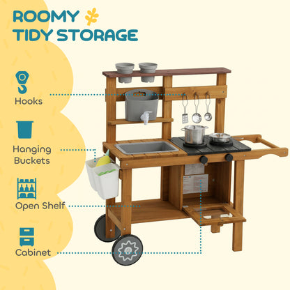 Kids Outdoor Mud Kitchen — Wooden Play Kitchen with Faucet, Sink, Planter, Wheels, Storage & Stainless-Steel Accessories for Ages 3–6, Brown