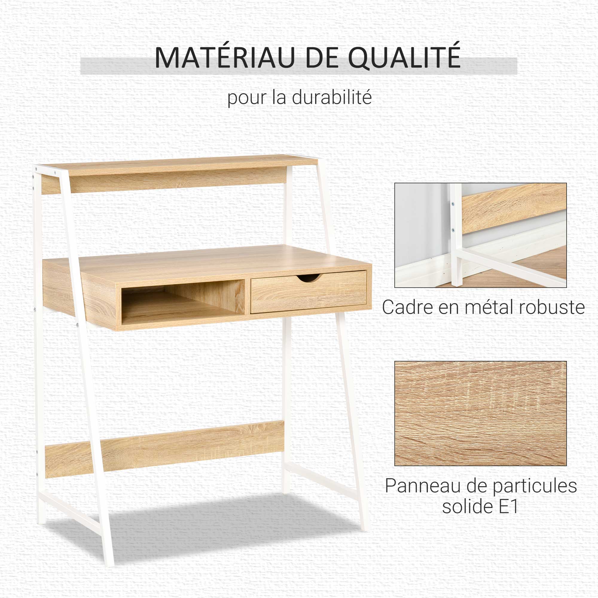 Secretary Desk Computer Desk Neo-Retro Style Drawer Niche Shelf White Metal Light Oak Grain