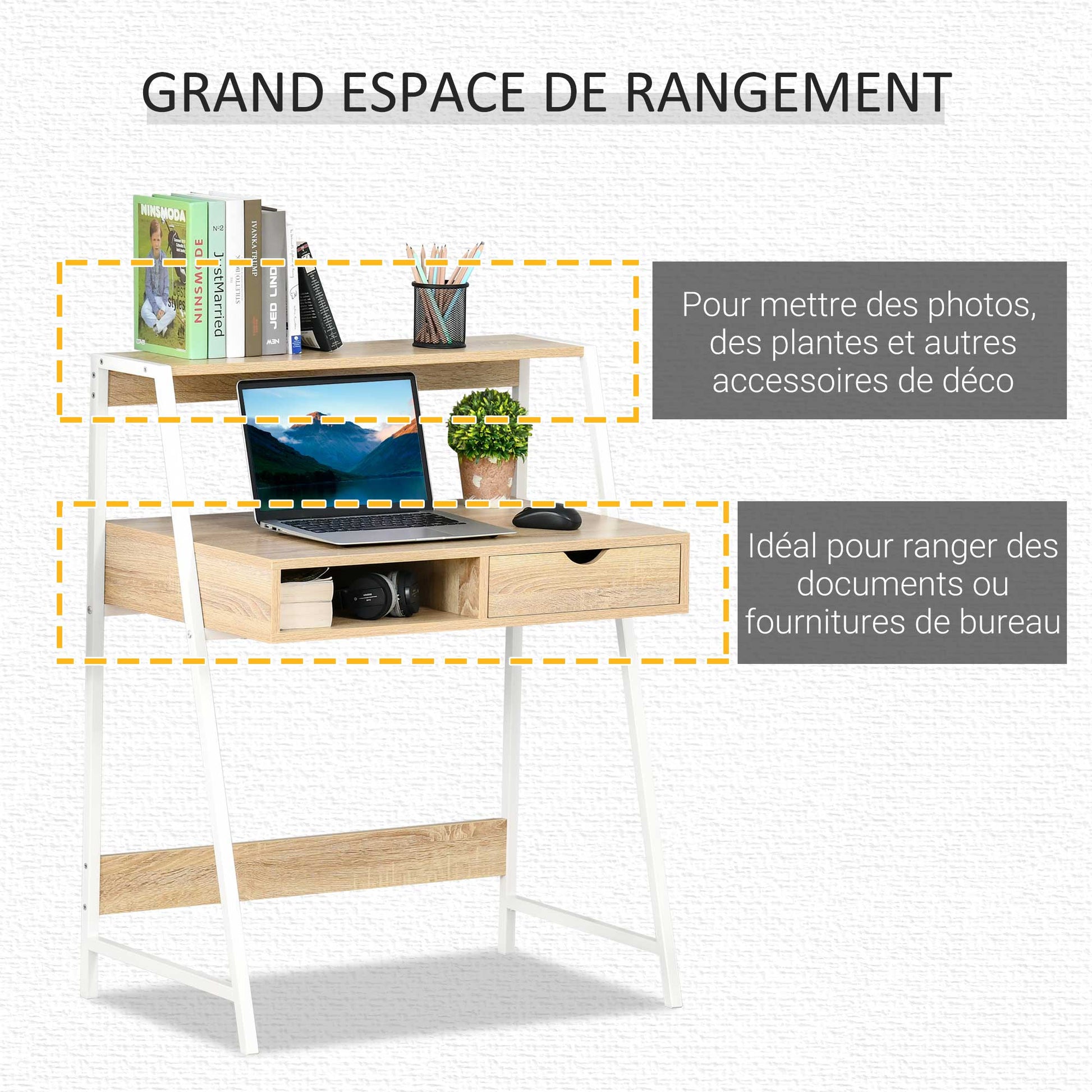 Secretary Desk Computer Desk Neo-Retro Style Drawer Niche Shelf White Metal Light Oak Grain