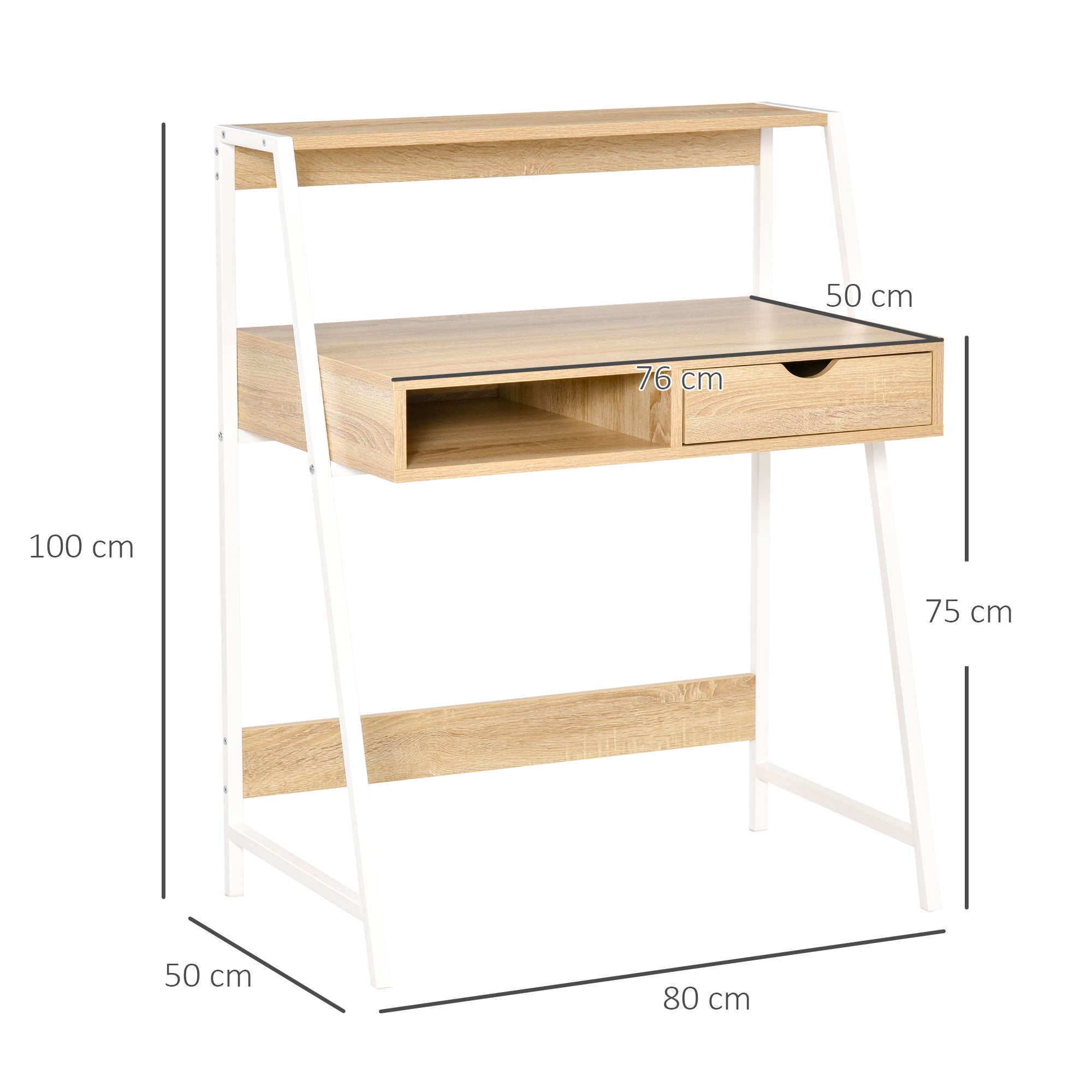 Secretary Desk Computer Desk Neo-Retro Style Drawer Niche Shelf White Metal Light Oak Grain