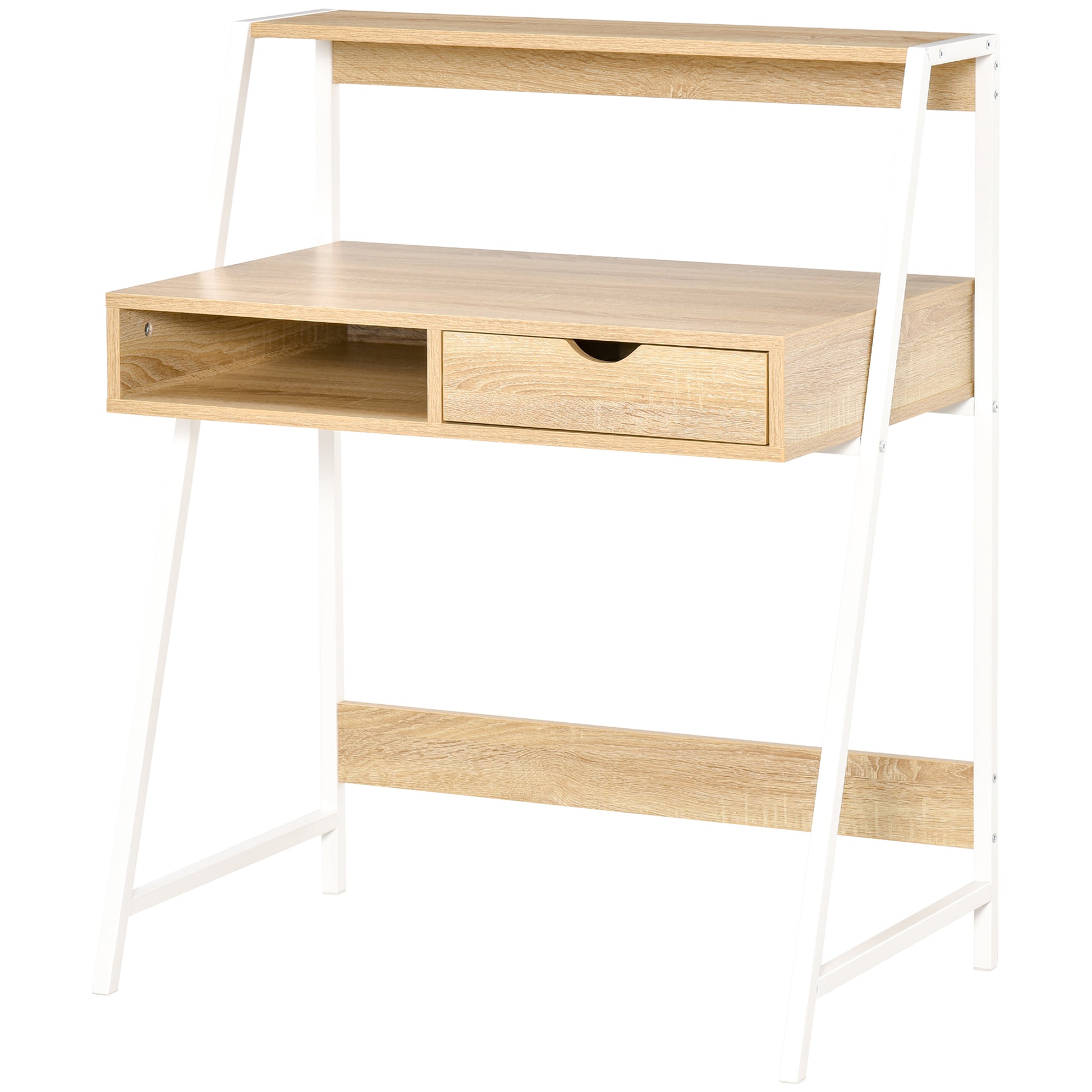 Secretary Desk Computer Desk Neo-Retro Style Drawer Niche Shelf White Metal Light Oak Grain