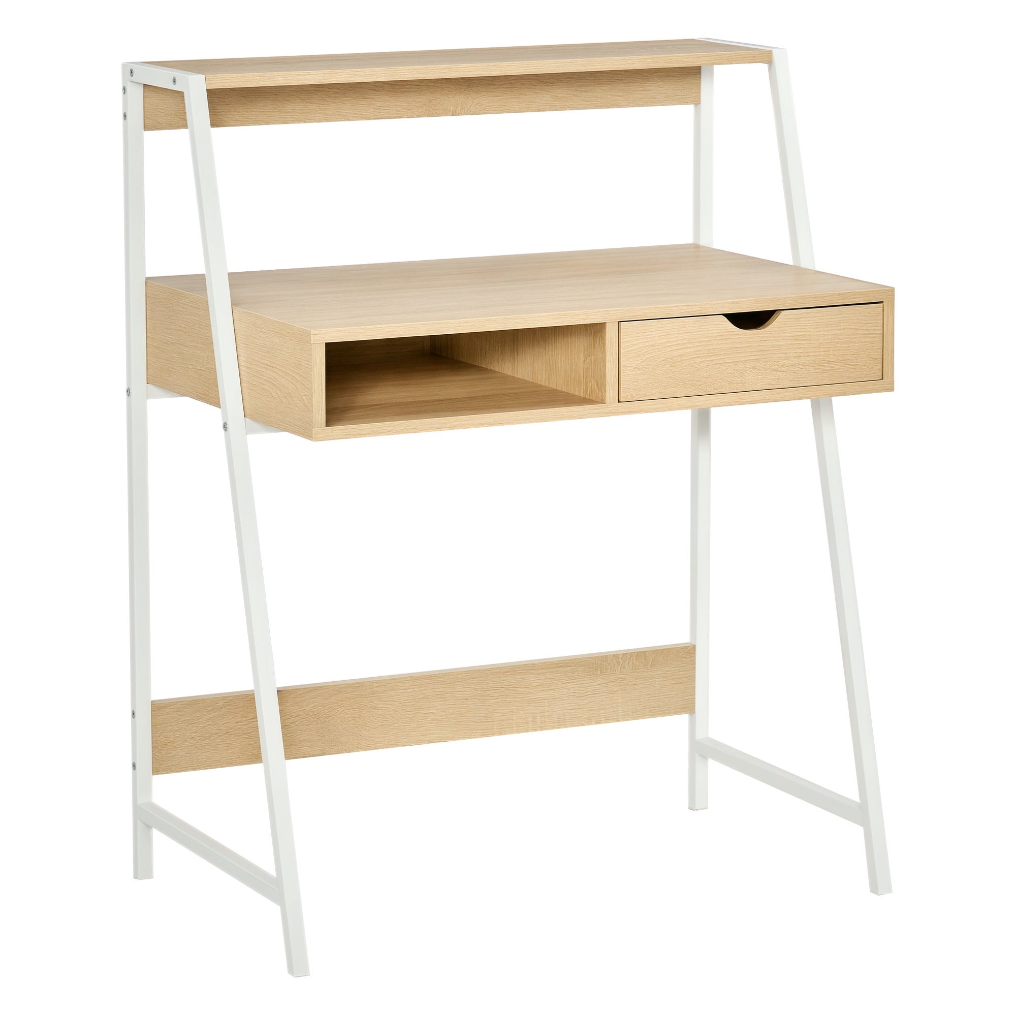Secretary Desk Computer Desk Neo-Retro Style Drawer Niche Shelf White Metal Light Oak Grain