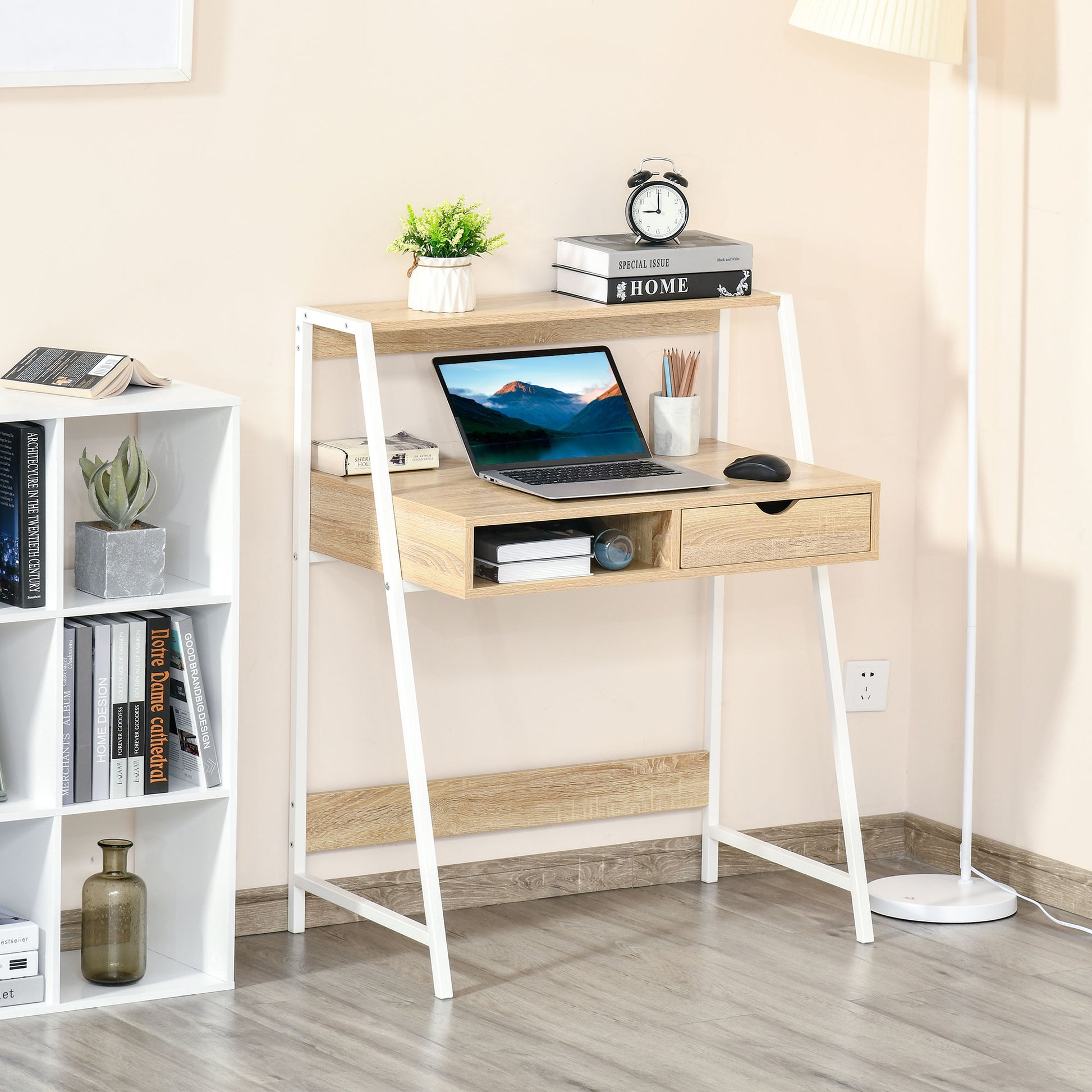 Secretary Desk Computer Desk Neo-Retro Style Drawer Niche Shelf White Metal Light Oak Grain