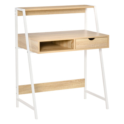 Secretary Desk Computer Desk Neo-Retro Style Drawer Niche Shelf White Metal Light Oak Grain
