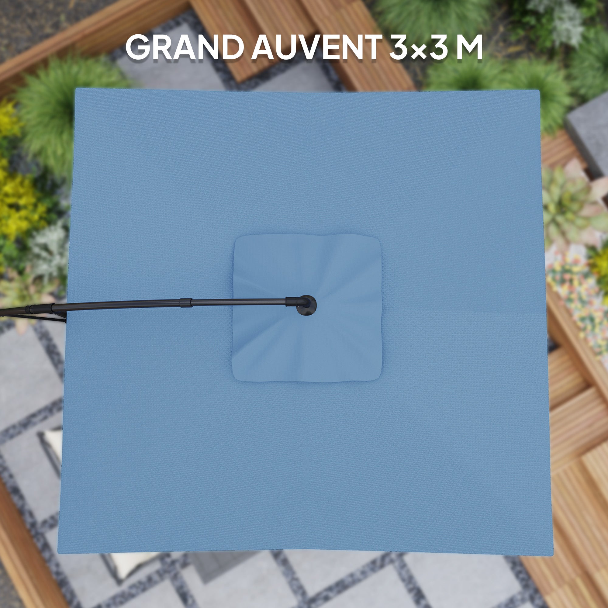 Square Offset Patio Umbrella 3 x 3m, Outdoor Garden Umbrella with Crank, Cross Base, Tilt and 360° Rotation, 180 g/m² Polyester Canopy, UV Protection UPF50+, Light Blue