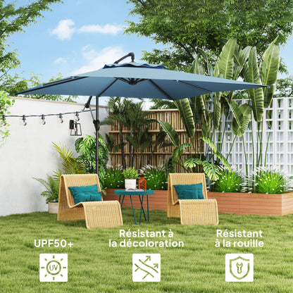 Square Offset Patio Umbrella 3 x 3m, Outdoor Garden Umbrella with Crank, Cross Base, Tilt and 360° Rotation, 180 g/m² Polyester Canopy, UV Protection UPF50+, Light Blue
