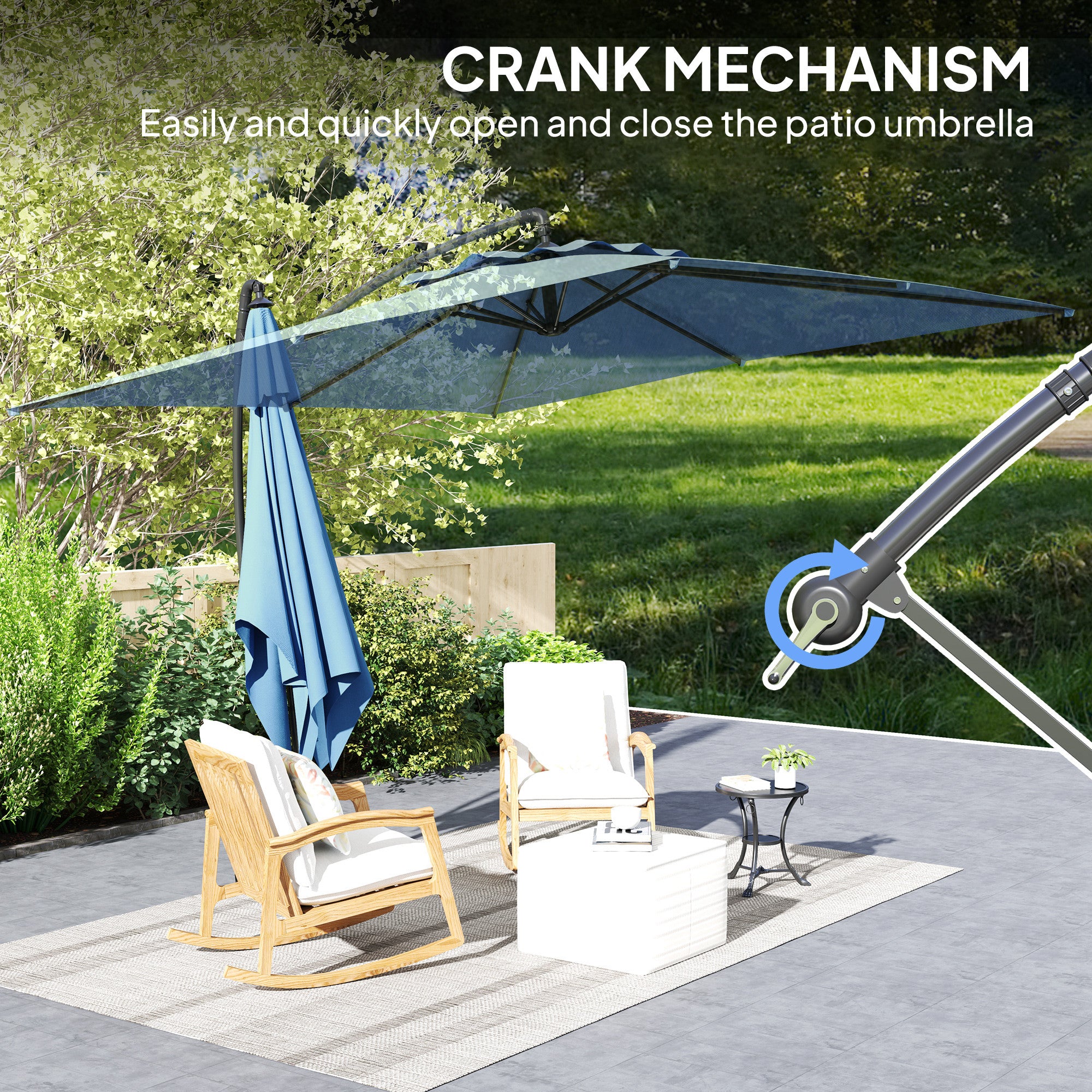 Square Offset Patio Umbrella 3 x 3m, Outdoor Garden Umbrella with Crank, Cross Base, Tilt and 360° Rotation, 180 g/m² Polyester Canopy, UV Protection UPF50+, Light Blue
