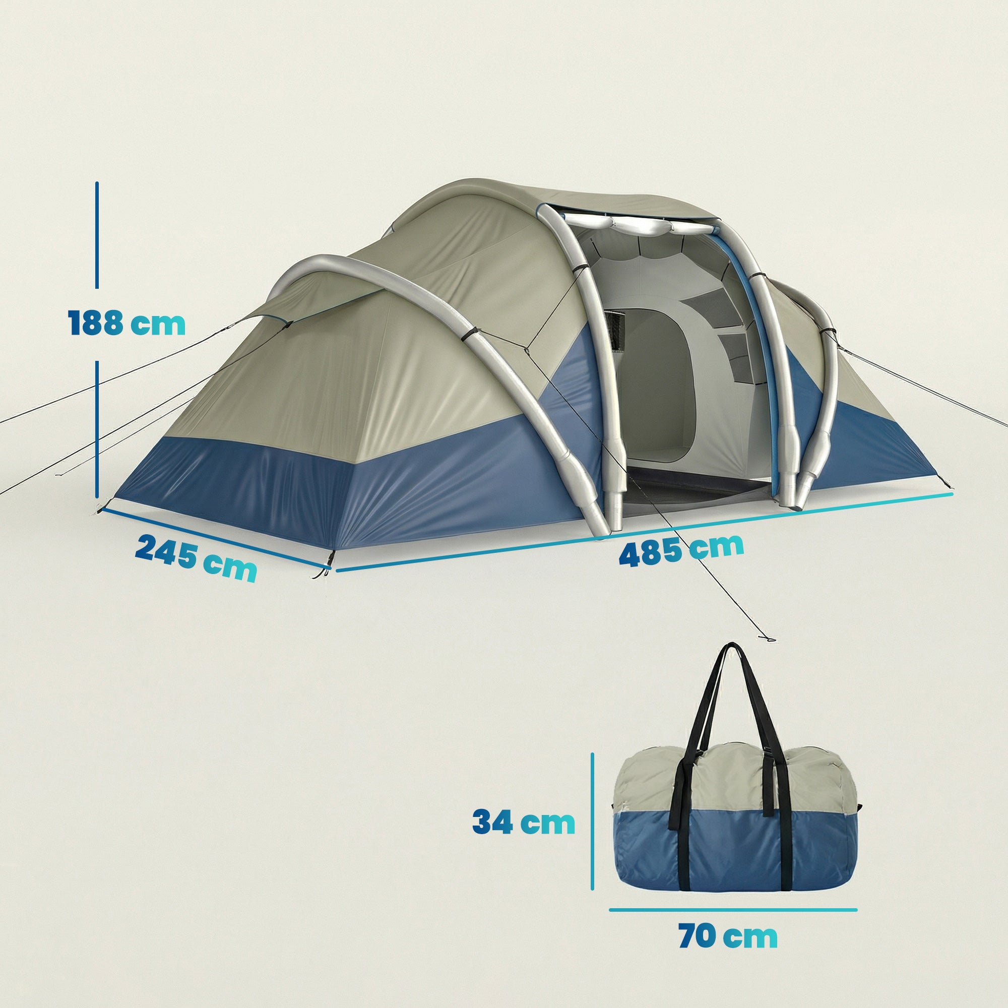 Inflatable 4-Person Tent — Fast Setup Outdoor Camping Tent with Air Pump, 2 Bedrooms, Mesh Windows, Fluorescent Pegs, Front Awning, Waterproof Oxford Fabric
