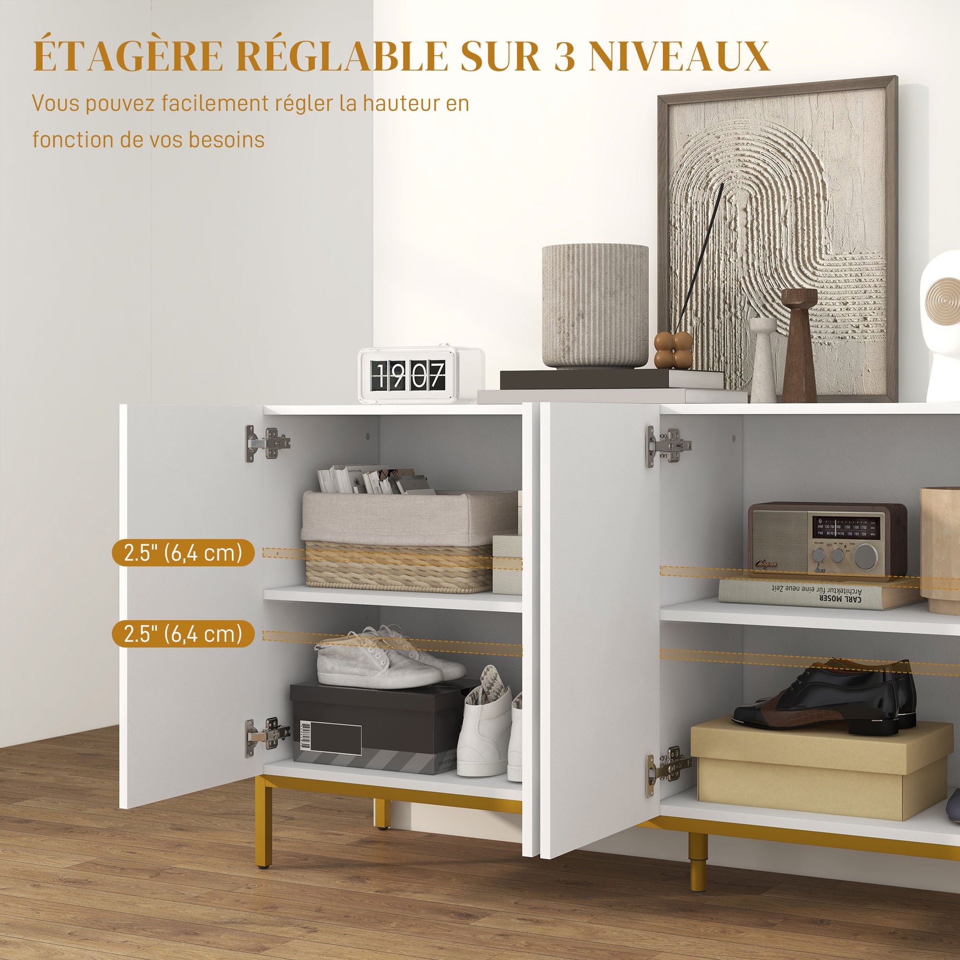 Contemporary Graphic Design Storage Buffet Cabinet with 2 Cupboards Adjustable Shelves White Wood Golden Metal
