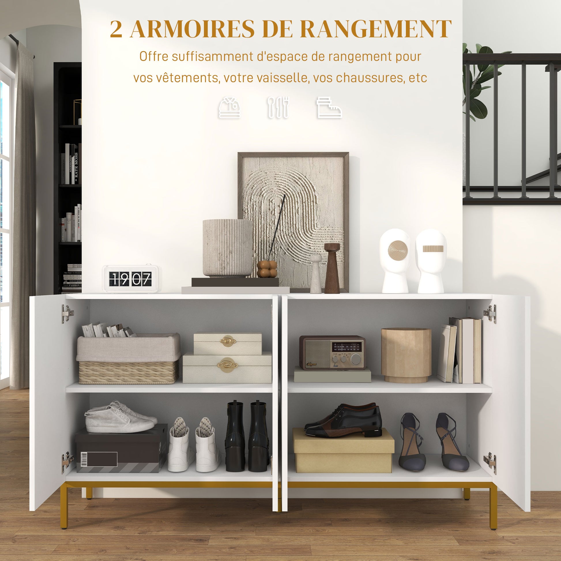Contemporary Graphic Design Storage Buffet Cabinet with 2 Cupboards Adjustable Shelves White Wood Golden Metal