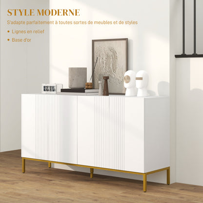 Contemporary Graphic Design Storage Buffet Cabinet with 2 Cupboards Adjustable Shelves White Wood Golden Metal