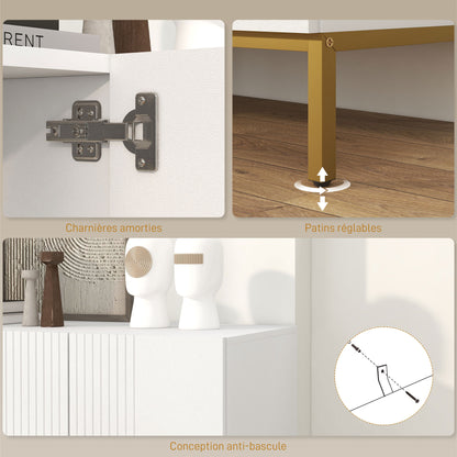 Contemporary Graphic Design Storage Buffet Cabinet with 2 Cupboards Adjustable Shelves White Wood Golden Metal