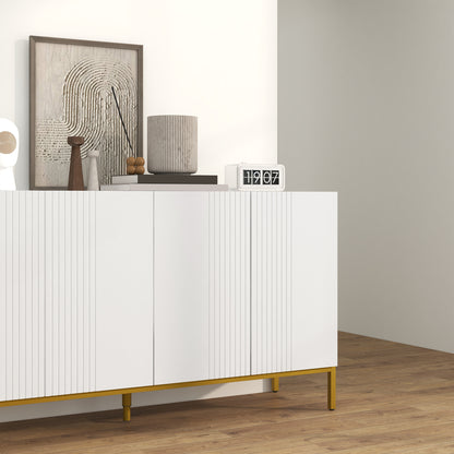 Contemporary Graphic Design Storage Buffet Cabinet with 2 Cupboards Adjustable Shelves White Wood Golden Metal
