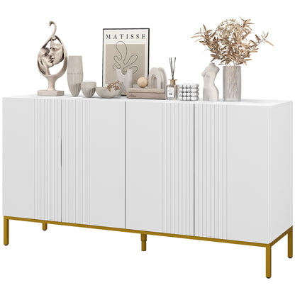Contemporary Graphic Design Storage Buffet Cabinet with 2 Cupboards Adjustable Shelves White Wood Golden Metal