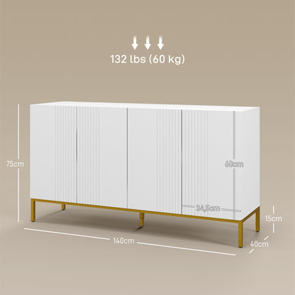 Contemporary Graphic Design Storage Buffet Cabinet with 2 Cupboards Adjustable Shelves White Wood Golden Metal