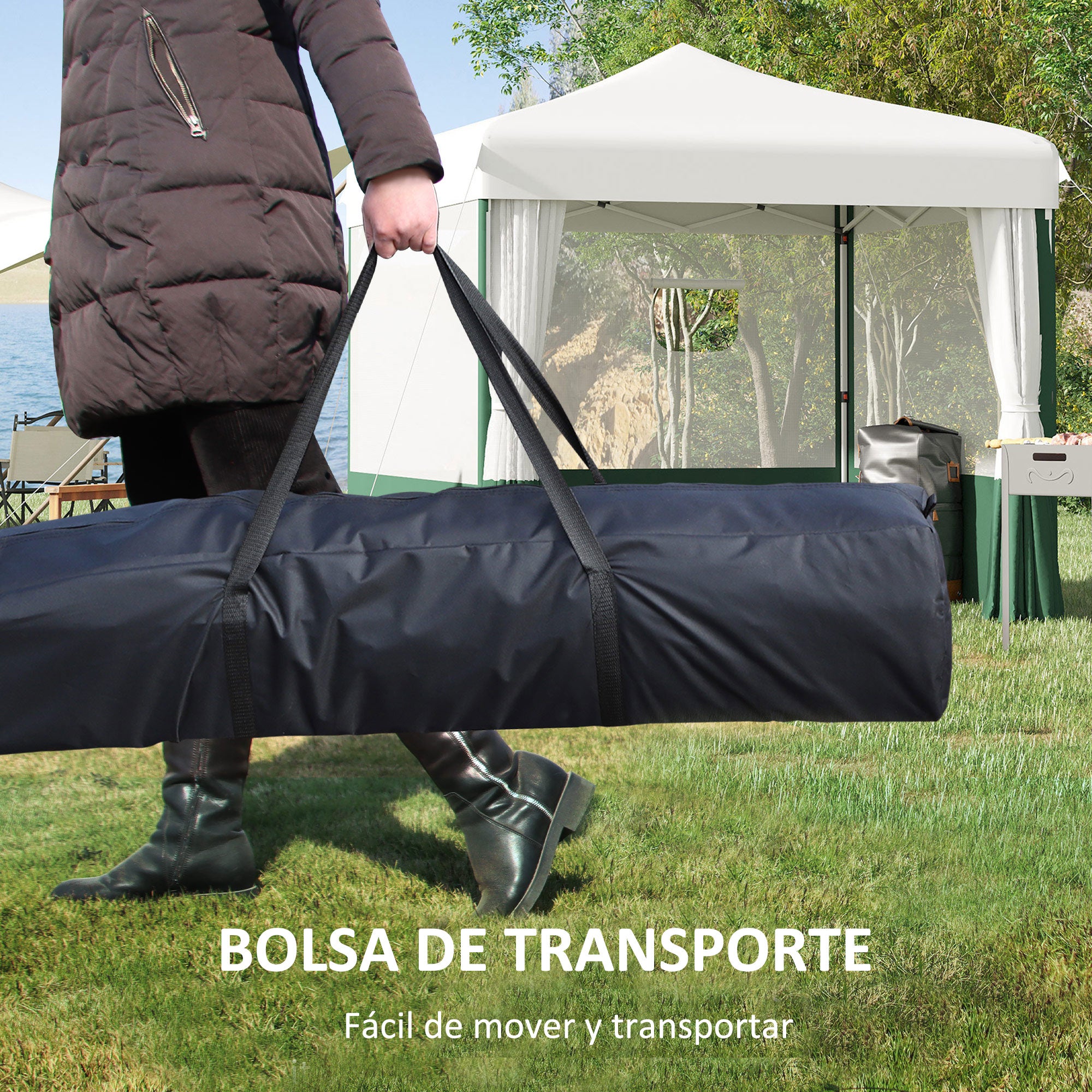 3x3m Foldable Garden Gazebo with Side Walls Adjustable Height Anti-UV Waterproof 2 Windows and Carrying Bag Outdoor Party Canopy White and Green