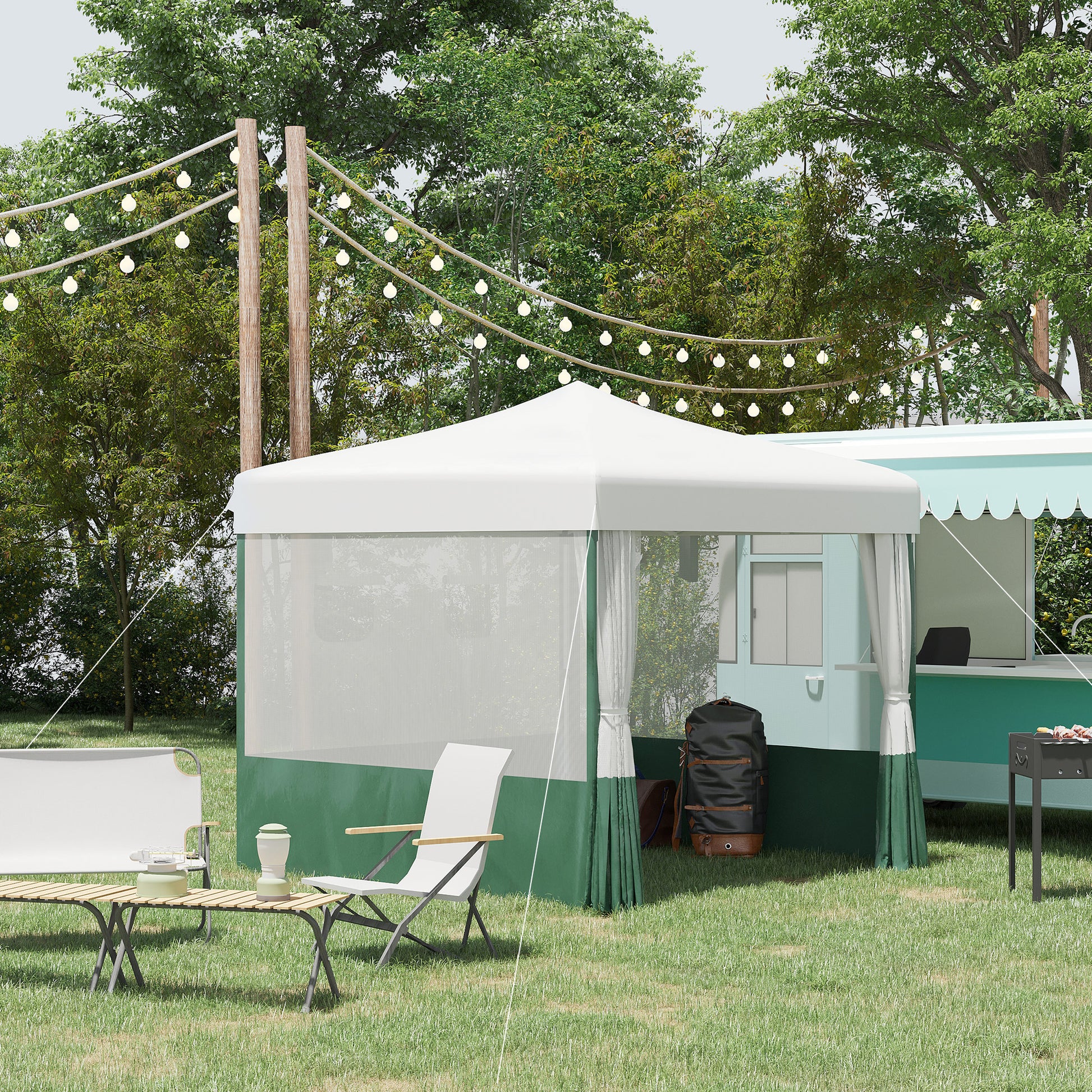 3x3m Foldable Garden Gazebo with Side Walls Adjustable Height Anti-UV Waterproof 2 Windows and Carrying Bag Outdoor Party Canopy White and Green