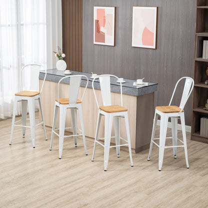 Set of 4 Stackable High Kitchen Stools with High Backrest Bar Stools Bar Chairs with Footrest Wood Seat and Steel Frame Load 120 kg 44x48x117 cm White