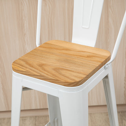 Set of 4 Stackable High Kitchen Stools with High Backrest Bar Stools Bar Chairs with Footrest Wood Seat and Steel Frame Load 120 kg 44x48x117 cm White