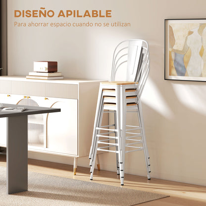 Set of 4 Stackable High Kitchen Stools with High Backrest Bar Stools Bar Chairs with Footrest Wood Seat and Steel Frame Load 120 kg 44x48x117 cm White