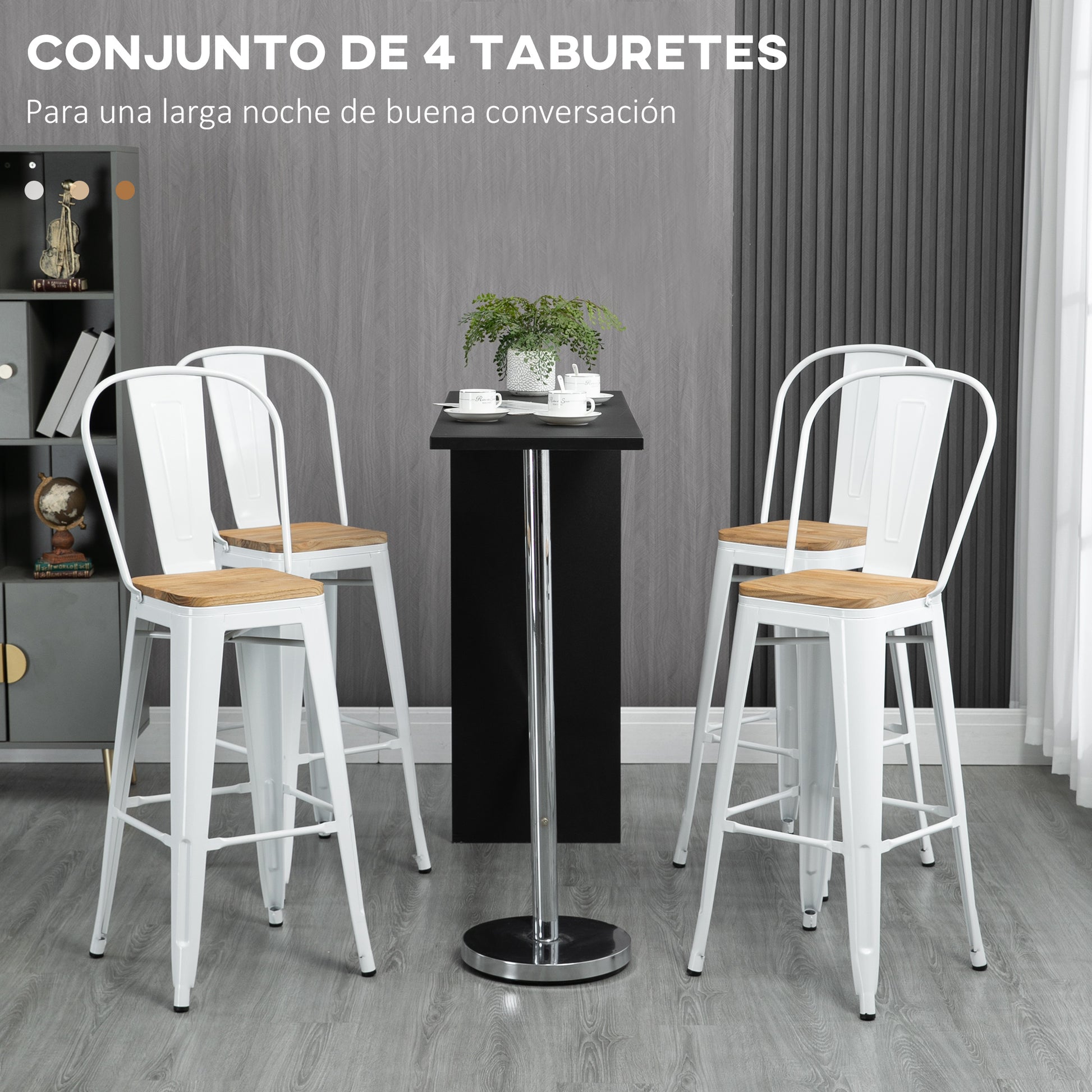 Set of 4 Stackable High Kitchen Stools with High Backrest Bar Stools Bar Chairs with Footrest Wood Seat and Steel Frame Load 120 kg 44x48x117 cm White