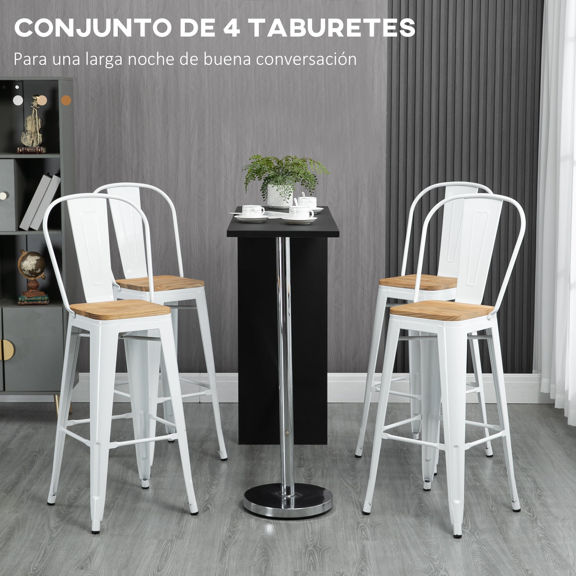 Set of 4 Stackable High Kitchen Stools with High Backrest Bar Stools Bar Chairs with Footrest Wood Seat and Steel Frame Load 120 kg 44x48x117 cm White