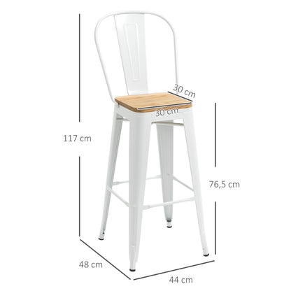Set of 4 Stackable High Kitchen Stools with High Backrest Bar Stools Bar Chairs with Footrest Wood Seat and Steel Frame Load 120 kg 44x48x117 cm White