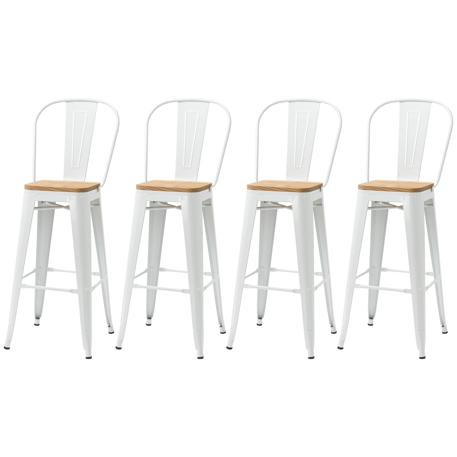 Set of 4 Stackable High Kitchen Stools with High Backrest Bar Stools Bar Chairs with Footrest Wood Seat and Steel Frame Load 120 kg 44x48x117 cm White