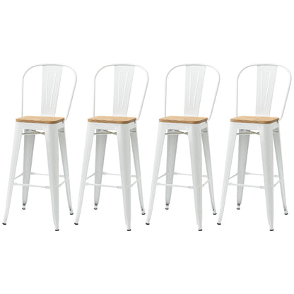 Set of 4 Stackable High Kitchen Stools with High Backrest Bar Stools Bar Chairs with Footrest Wood Seat and Steel Frame Load 120 kg 44x48x117 cm White