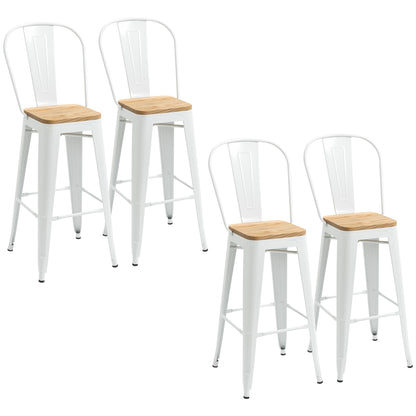 Set of 4 Stackable High Kitchen Stools with High Backrest Bar Stools Bar Chairs with Footrest Wood Seat and Steel Frame Load 120 kg 44x48x117 cm White