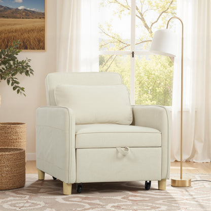 3-in-1 Convertible Sofa Bed with Wide Seat, Adjustable Back, Lumbar Pillow, 6 Side Pockets — Beige Corn Velvet