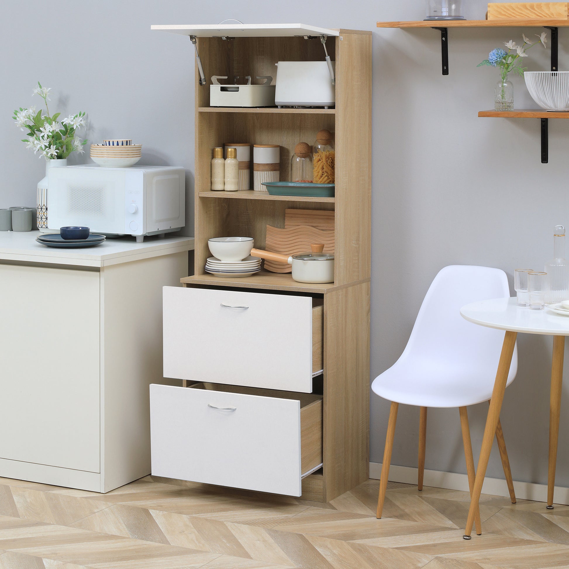 Kitchen Buffet Cabinet Multi-Storage Kitchen Cabinet 2 Drawers 1 Cabinet + Large Table 60 x 38 x 168 cm White MDF
