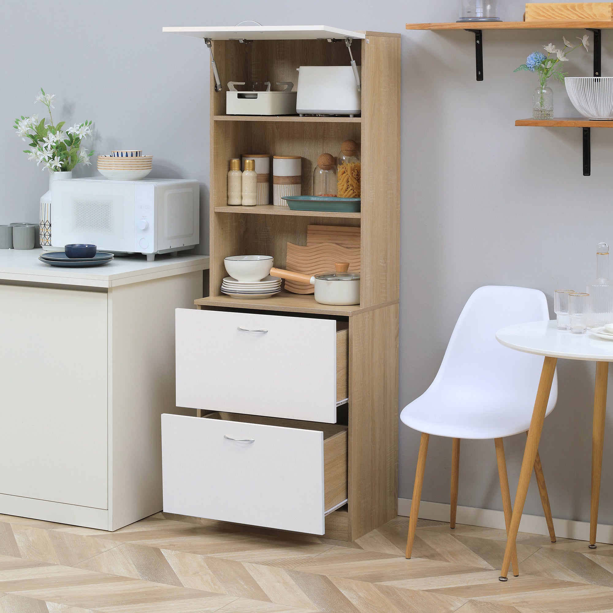 Kitchen Buffet Cabinet Multi-Storage Kitchen Cabinet 2 Drawers 1 Cabinet + Large Table 60 x 38 x 168 cm White MDF