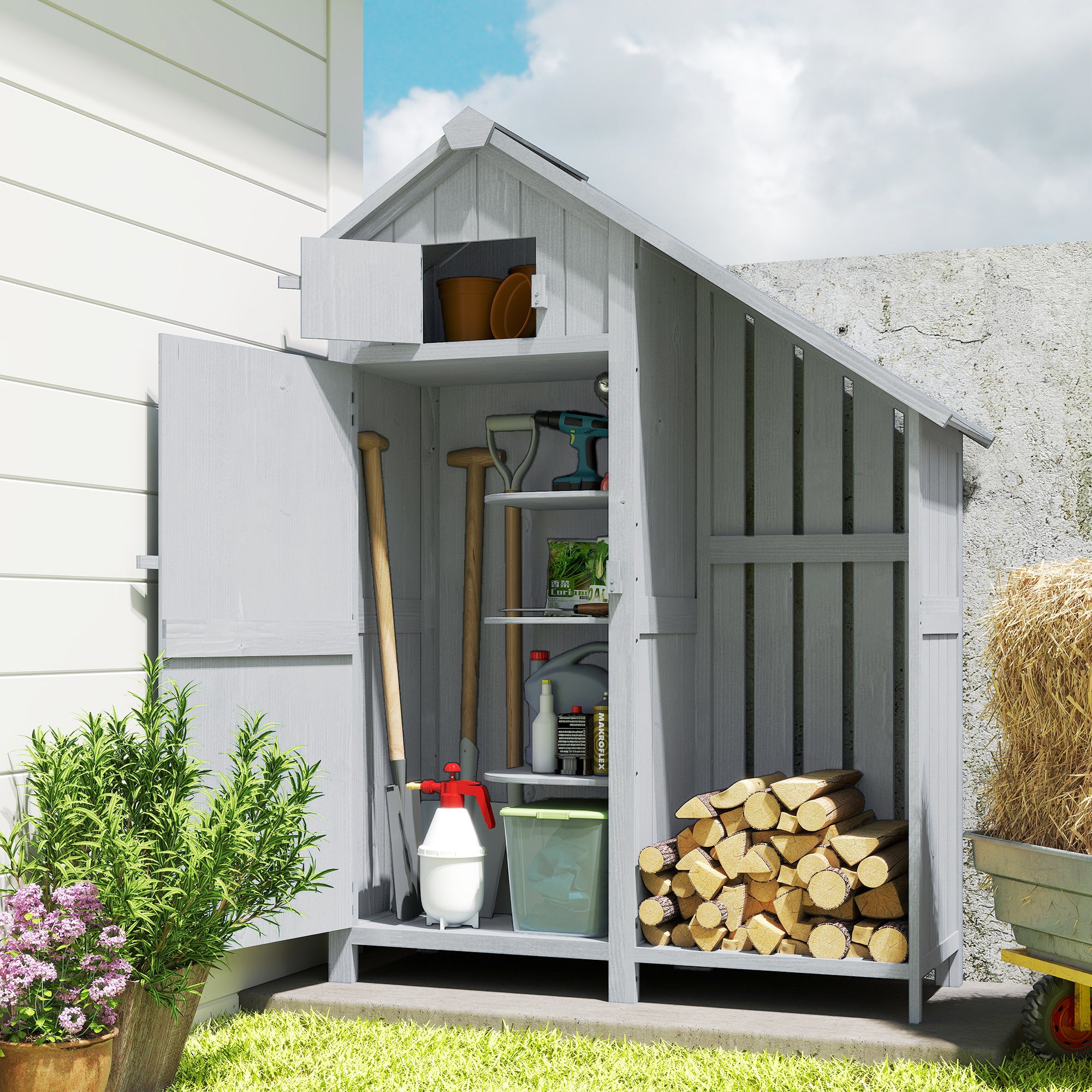 Weather-Resistant Spruce Wood Garden Storage Cabinet with Asphalt Roof and Shelves, Gray — 129 x 51.5 x 180 cm (50.8 x 20.3 x 70.9 in)