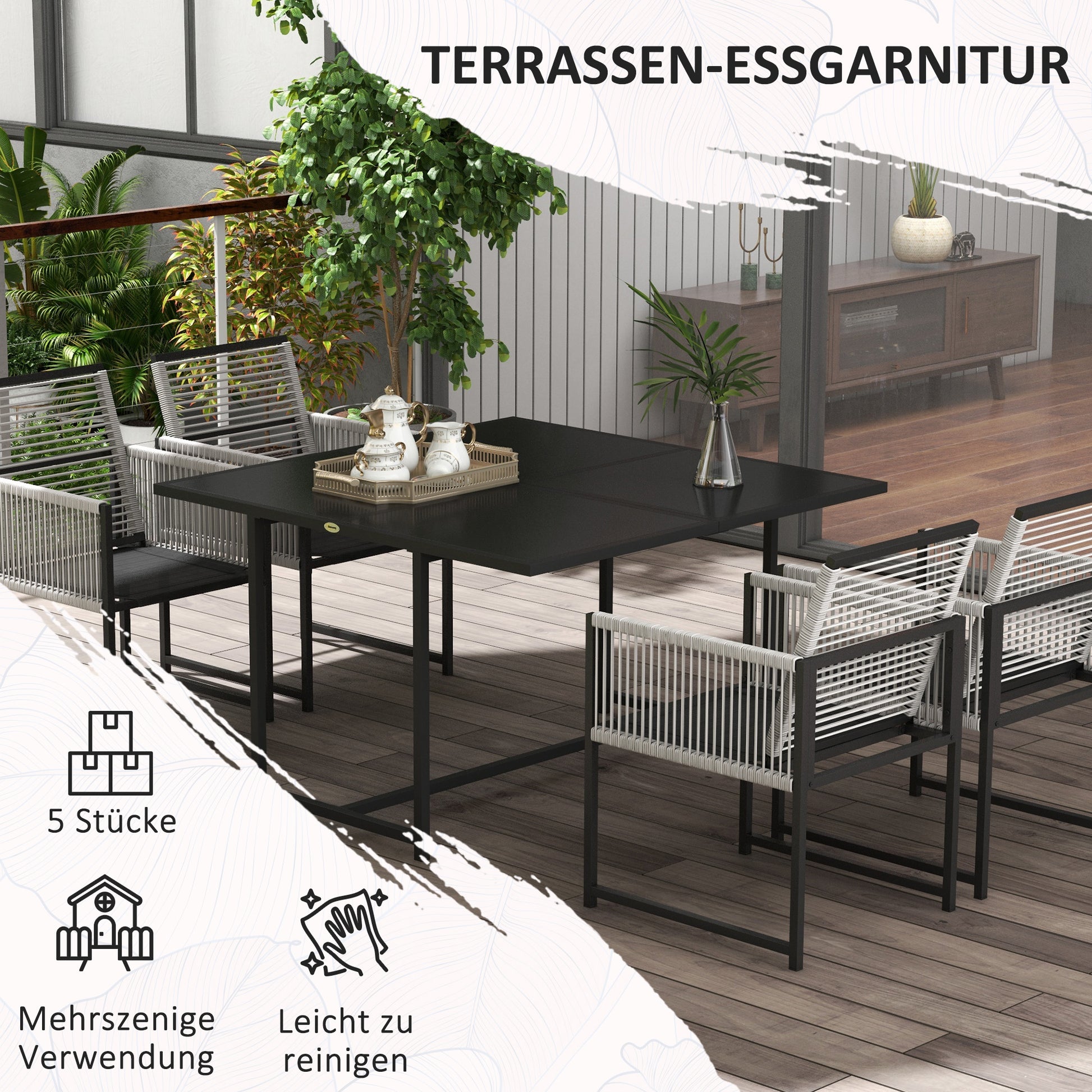 5-piece dining set for 4 people Dining table with 4 chairs Dining room set with folding chairs Kitchen table set with steel frame Balcony furniture Garden furniture for terrace, balcony Black