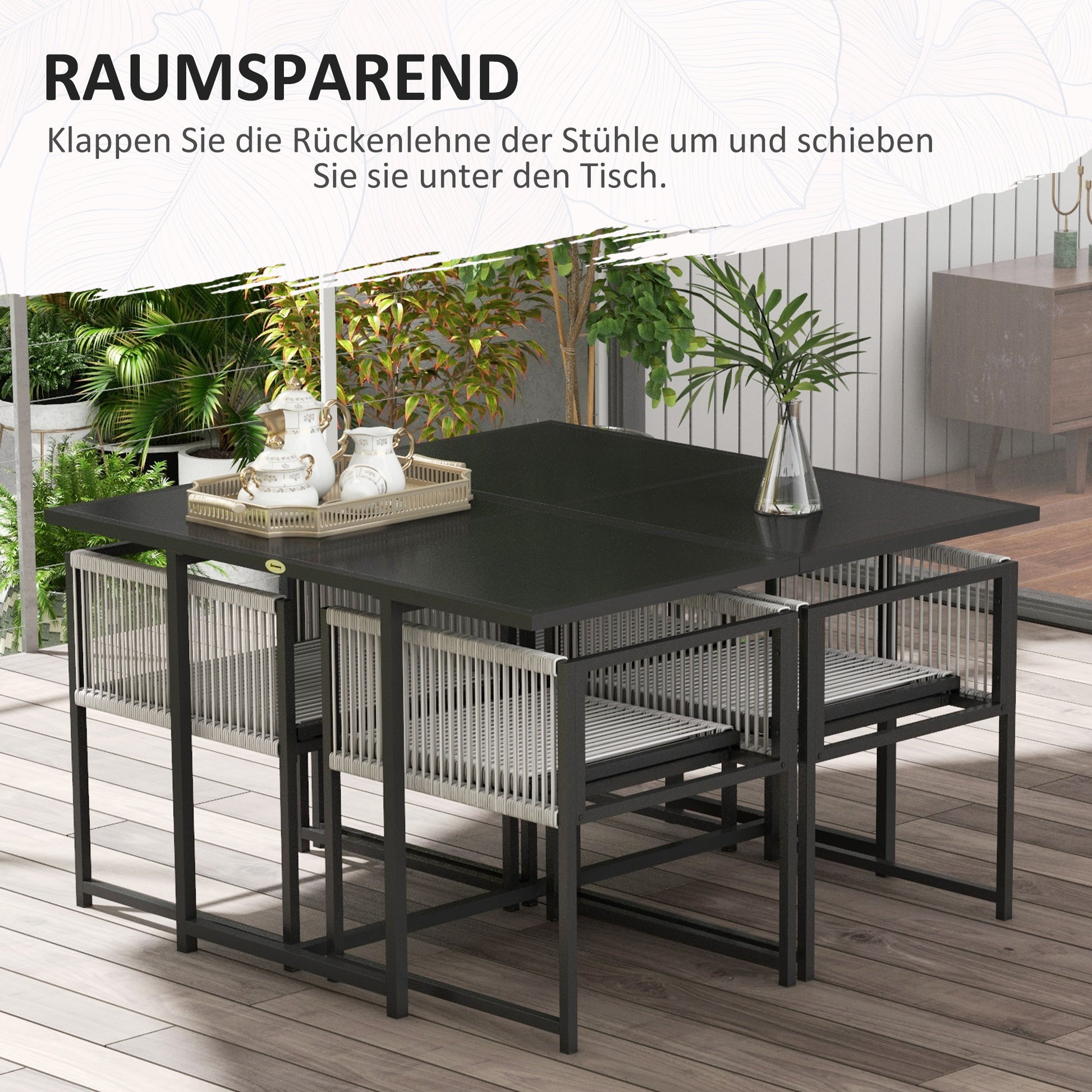 5-piece dining set for 4 people Dining table with 4 chairs Dining room set with folding chairs Kitchen table set with steel frame Balcony furniture Garden furniture for terrace, balcony Black