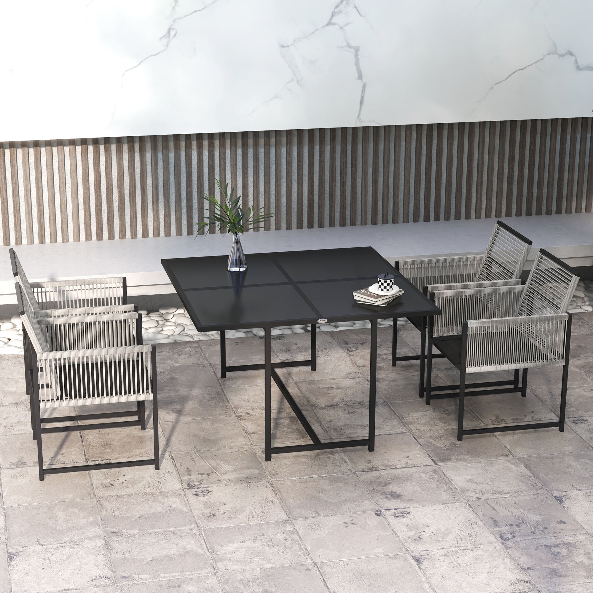 5-piece dining set for 4 people Dining table with 4 chairs Dining room set with folding chairs Kitchen table set with steel frame Balcony furniture Garden furniture for terrace, balcony Black