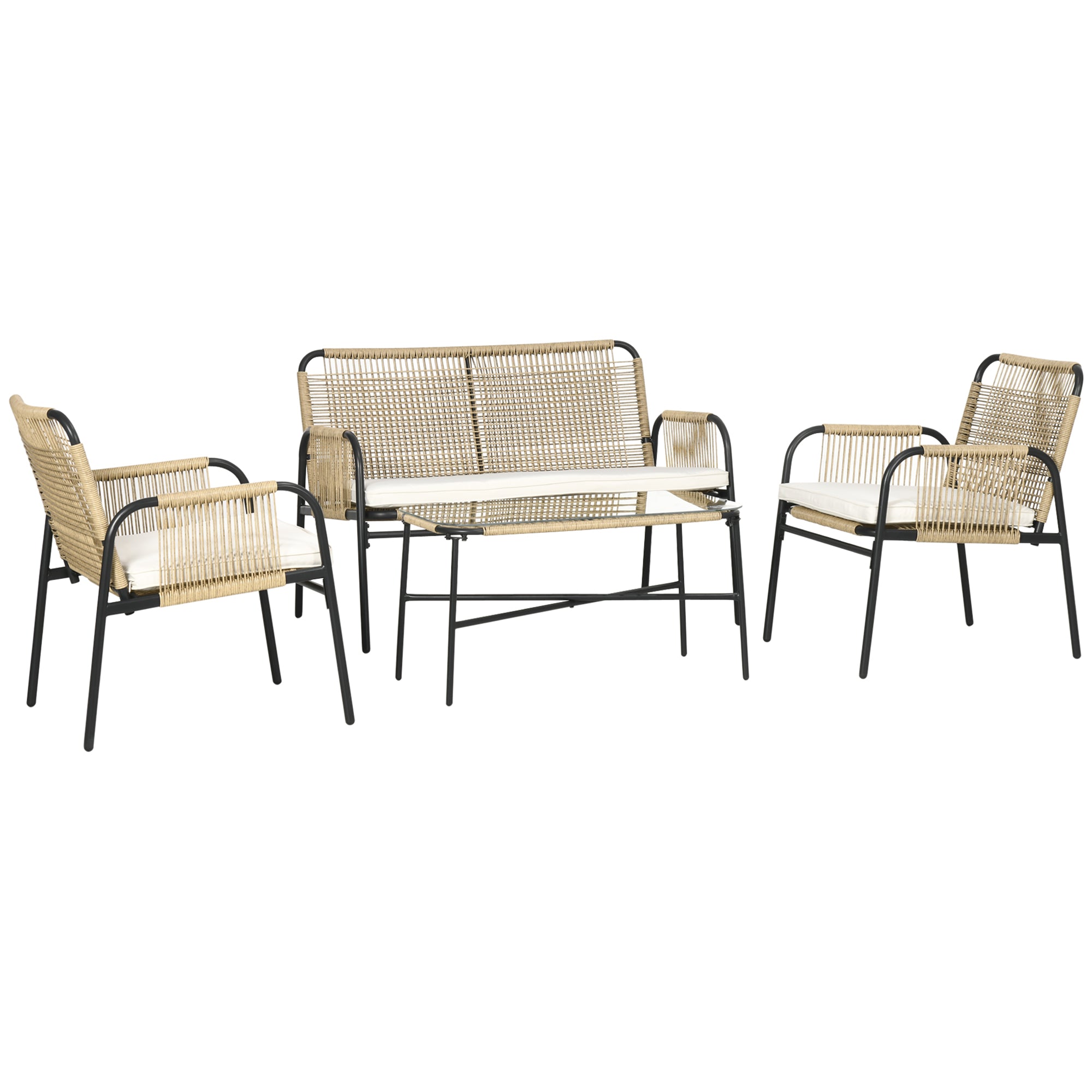 Synthetic Rattan Garden Set 4 Piece Outdoor Furniture Set with 2 Armchairs 1 Double Sofa 1 Glass Top Coffee Table with Cushions for Outdoor Natural and Black