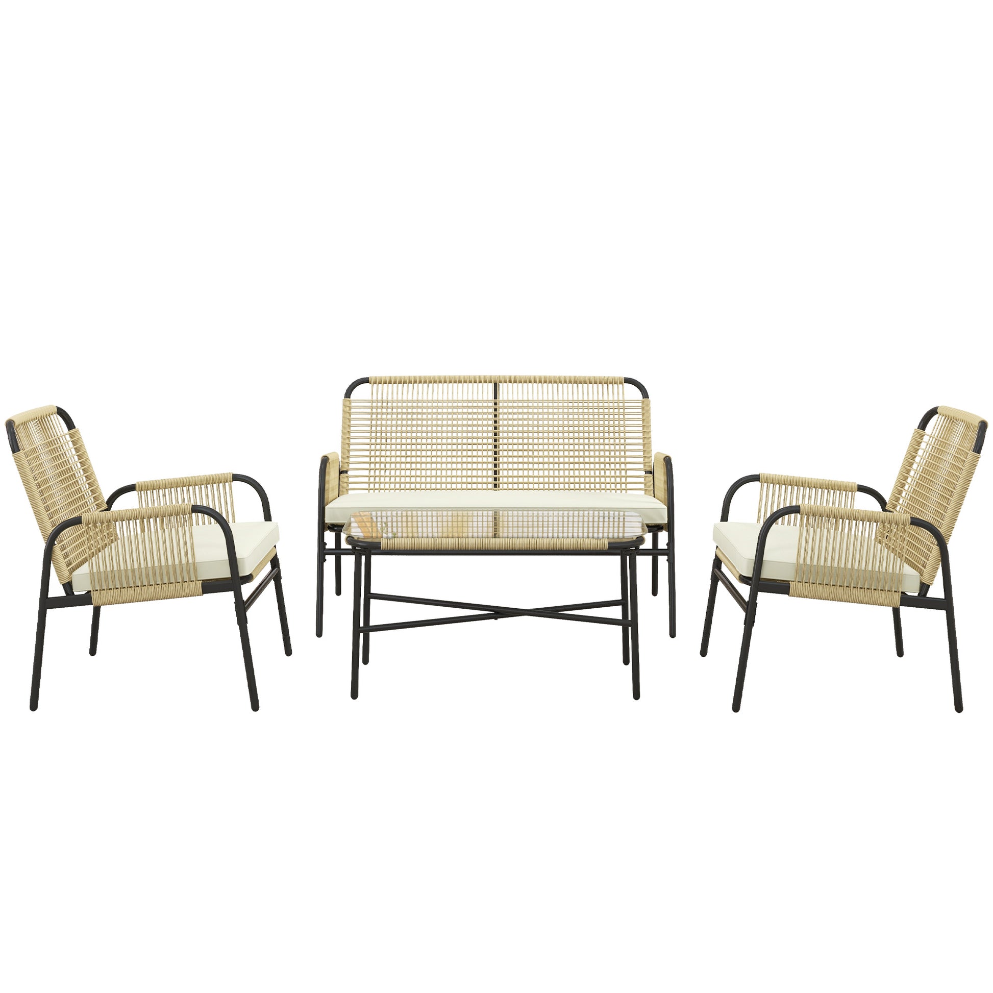 Synthetic Rattan Garden Set 4 Piece Outdoor Furniture Set with 2 Armchairs 1 Double Sofa 1 Glass Top Coffee Table with Cushions for Outdoor Natural and Black